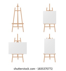 Easels Drawing, Painting Realistic Mock Ups Set. Adjustable Wood Tripod Stand For Artist With Empty Square, Horizontal, Vertical Canvas. Vector Easels Collection Isolated On White Background.