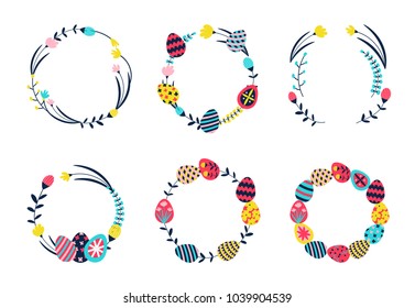 Easier wreath or frame with  decorated patterned eggs for hunting; a set of hand drawn objects;  in trendy style; isolated on white