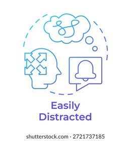 Easily distracted blue gradient concept icon. Attention paying. Mental exhaustion. Notification message. Round shape line illustration. Abstract idea. Graphic design. Easy to use in blog post, booklet