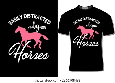 Easily Distracted By Horses Illustration with Pink Horse for For Print, Poster, Card, Mugs, Bags, Invitations, Parties, Etc.