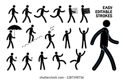 Easily editable pictogram man. Saved stroke. Set of basic poses icons people.