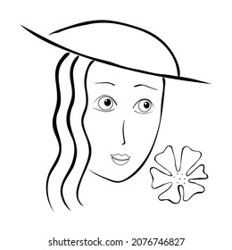 an easily editable vector illustration of a woman's face in a hat drawn by hand. Stylish graphic portrait with a young girl model. Fashion, style, beauty. Graphic, sketch drawing.