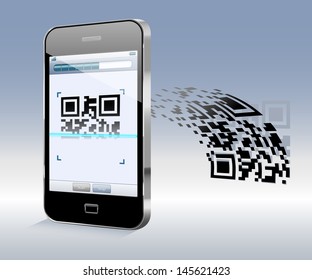 Easily editable and well organized vector illustration of smartphone scanning QR-code. 