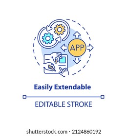 Easily extendable concept icon. Extensible application for business. Web 3 0 abstract idea thin line illustration. Isolated outline drawing. Editable stroke. Arial, Myriad Pro-Bold fonts used