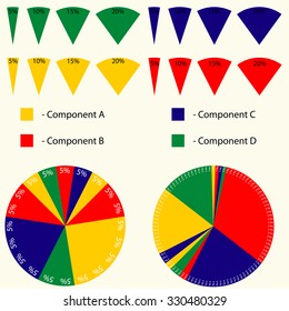 Easily and fully editable infographic tools with four products in different percent pieces that form total profit, different colors and size, can be used to business report, website or else, vector