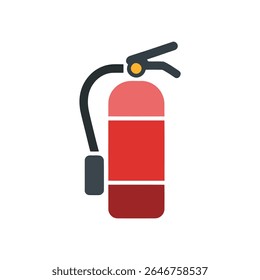 Um gráfico vetorial facilmente identificável mostra um extintor de incêndio com mangueira cinzenta escura, bico, pino amarelo e tanque de cor principalmente vermelha com margens brancas.