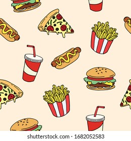 Easily modifiable vector elements  Digitally hand drawn fast food seamless pattern 