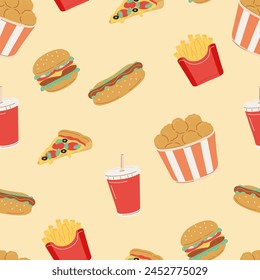 Easily modifiable vector elements. Digitally hand drawn fast food seamless pattern.