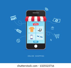 Easily Online Shopping with Smartphone. E-commerce concept. Vector illustration