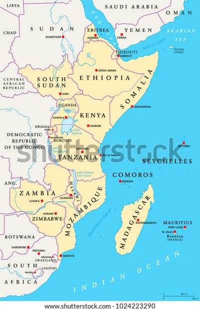East Africa Region Political Map Area Stock Vector Royalty Free