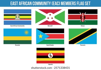 East African Community, EAC  Members Flag Set Vector Illustration