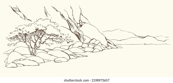 East arab biblic line old african crack crag canyon mount cliff break slope lush shrub scenic white sky text space view. Outline black ink pen hand drawn hot asian scene retro cartoon art doddle style