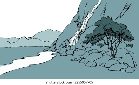 East arab biblic line old african crack crag canyon mount cliff break slope creek fall flow lush shrub scenic sky text space view. outline black hand drawn asian scene retro cartoon art doddle style