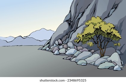 East arab biblic line old african crack crag canyon mount cliff break slope lush shrub scenic white sky text space view. Outline black ink pen hand drawn hot asian scene retro cartoon art doddle style