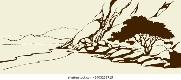 East arab biblic line old african crack crag canyon mount cliff break slope lush shrub scenic white sky text space view. Outline black ink pen hand drawn hot asian scene retro cartoon art doddle style