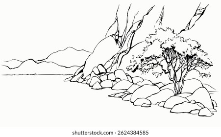 East arab biblic line old african crack crag canyon mount cliff break slope lush shrub scenic white sky text space view. Outline black ink pen hand drawn hot asian scene retro cartoon art doddle style