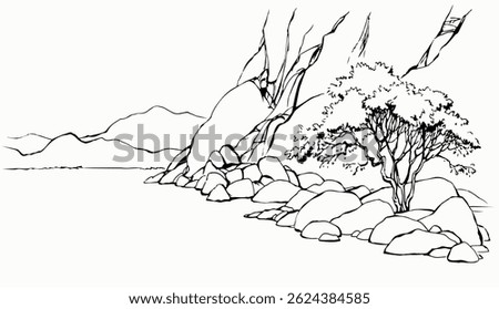 East arab biblic line old african crack crag canyon mount cliff break slope lush shrub scenic white sky text space view. Outline black ink pen hand drawn hot asian scene retro cartoon art doddle style