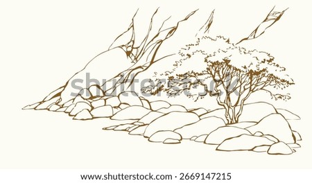 East arab biblic line old african crack crag canyon mount cliff break slope lush shrub scenic white sky text space view. Outline black ink pen hand drawn hot asian scene retro cartoon art doddle style