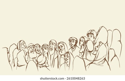 East Arab male guy prayer friend stand preach public team look wait meet listen sing teach joy happy song holy spirit day story art sketch Line black hand drawn girl pray Lord god social street symbol