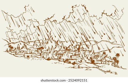 East arab war died Italy Rome lava ash death Israel biblic god story judgment kill home house hail rain sky cloud. Hand drawn dirty dark night past retro italian age evil dead sketch art outdoor scene