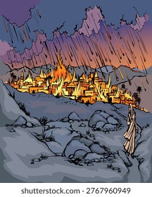 East arab war man Lot died go safe Italy Rome life sulfur lava ash death biblic god kill home house hail rain sky. Hand drawn past retro age evil dead human girl pillar run flee save sketch art scene