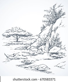 East arabian biblical scenic view. Trickle on scar crag with lush shrubs. Freehand outline ink hand drawn picture sketchy in art doddle style pen on paper with space for text on white sky backdrop