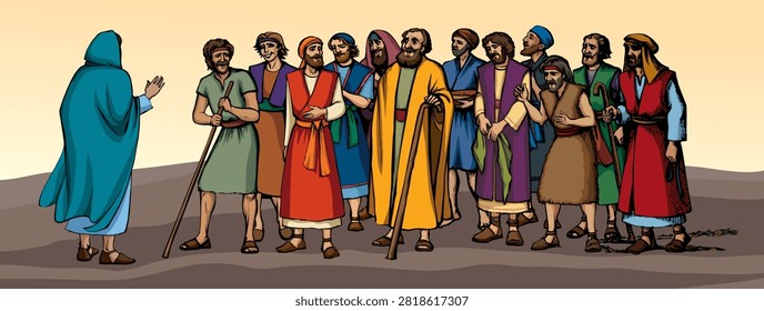 East arabian guy prayer friend stand meet many team look show elect listen talk help select joy happy holy spirit tell parable story. Black line hand drawn cartoon art sketch saint eastern hebrew Jew savior pray Lord god islam event symbol isolat sky