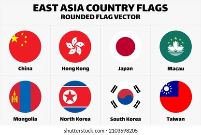 East Asia Country Flags. Rounded Flat Vector