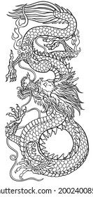 East Asia dragon. Traditional Chinese or Japanese mythological creature. Black and white tattoo style vector illustration. Outline