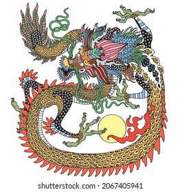 East Asia dragon. Traditional Chinese mythological creature. One of celestial feng shui animals. Graphic style vector illustration