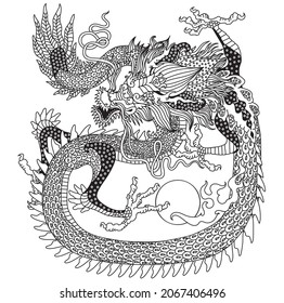 East Asia dragon. Traditional Chinese mythological creature. One of celestial feng shui animals. Graphic style vector illustration. Black and white 