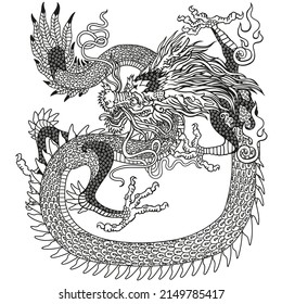 East Asia dragon. Traditional Chinese mythological creature. One of celestial feng shui animals. Black and White graphic style vector illustration