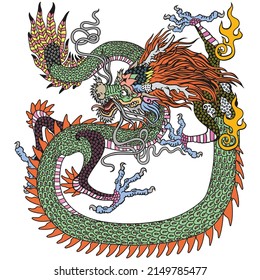 East Asia dragon. Traditional Chinese mythological creature. One of celestial feng shui animals. Graphic style vector illustration