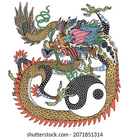 East Asia dragon and Yin Yang symbol. Traditional Chinese mythological creature. One of celestial feng shui animals. Graphic style vector illustration 
