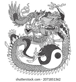 East Asia dragon and Yin Yang symbol. Traditional Chinese mythological creature. One of celestial feng shui animals. Graphic style vector illustration. Black and white 