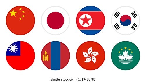 east asia flags. china, japan, north korea, south korea, taiwan, mongolia, hong kong and macau flags. vector illustration isolated on white background