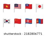 East Asia flags Set. Vietnam, Malaysia, Taiwan,  Japan, South Korea, China, North Korea, and Mongolia. Vector illustration.