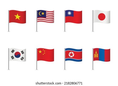 East Asia flags Set  Vietnam  Malaysia  Taiwan   Japan  South Korea  China  North Korea    Mongolia  Vector illustration 
