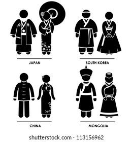 East Asia - Japan South Korea China Mongolia Man Woman People National Traditional Costume Dress Clothing Icon Symbol Sign Pictogram