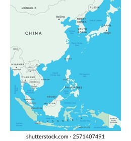 East Asia map highlighting countries name, borders, and major regions of the area