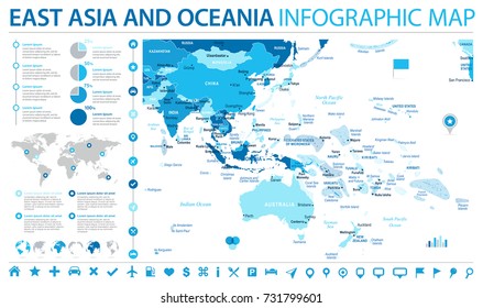 East Asia and Oceania Map - Detailed Info Graphic Vector Illustration
