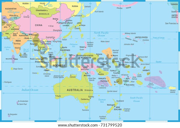 East Asia Oceania Map Detailed Vector Stock Vector Royalty Free