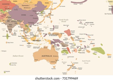 East Asia And Oceania Map - Vintage Detailed Vector Illustration