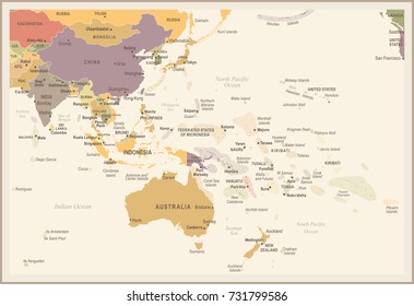 East Asia and Oceania Map - Vintage Detailed Vector Illustration