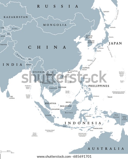 国境を持つ東アジアの政治地図 中国 日本 モンゴル インドネシアとアジア大陸の東部の地域 英語の表示 白い背景にグレイイラスト ベクター画像 のベクター画像素材 ロイヤリティフリー