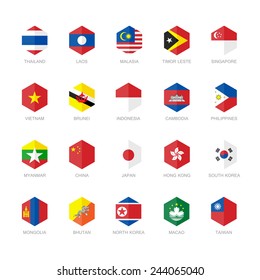 East Asia And South East Asia Flag Icons. Hexagon Flat Design.