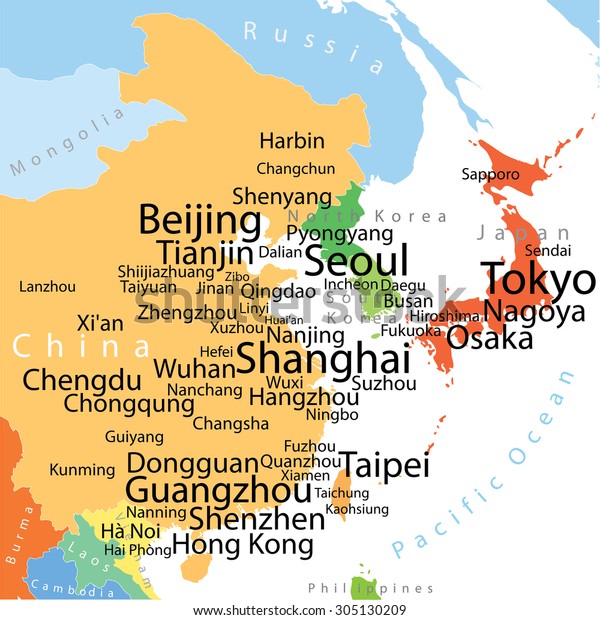 East Asia Cities Map East Asia Vector Map Largest Cities Stock Vector (Royalty Free) 305130209 |  Shutterstock