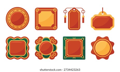 East Asian decorative frames set, round rosette, scalloped squares, cloud corners, sunburst badge shapes, red gold green festival vector collection