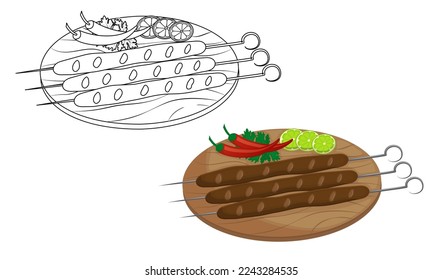 East Asian dish - kebab. Kids coloring book for elementary school. Minced meat on skewer with lime greens. Vector illustration. Cartoon.