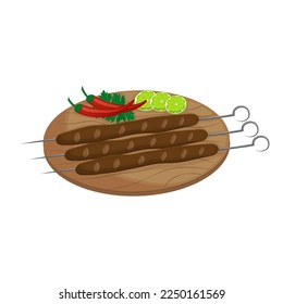 East Asian dish - kebab. Minced meat on skewer with lime greens. Vector illustration. Cartoon.